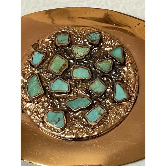 Vintage Belt Buckle Solid Copper Turquoise Inlay Nickel Silver Bell - Picture 6 of 16